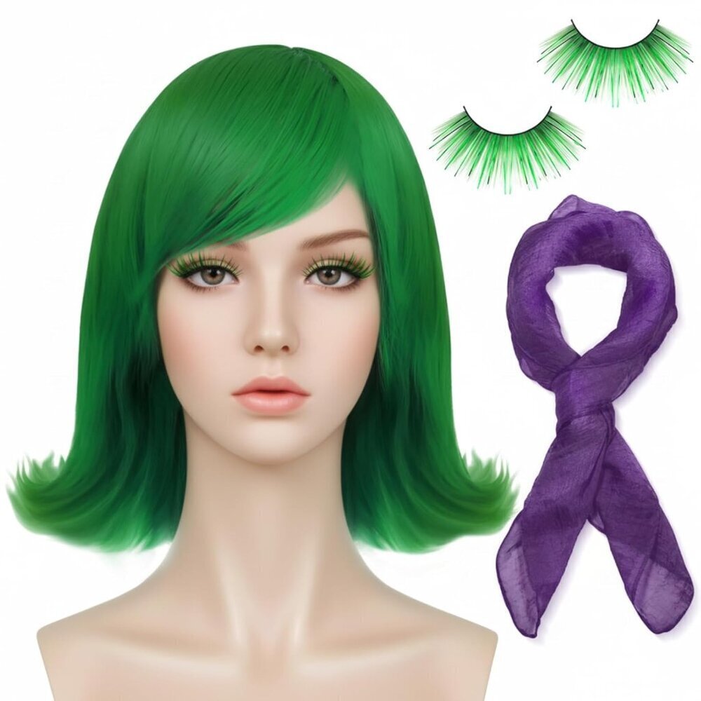 Women Green Costume Wig Set with Scarf Eyelashes for Halloween Cosplay